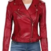 model wearing Distressed Red Women Motorcycle Leather Jacket