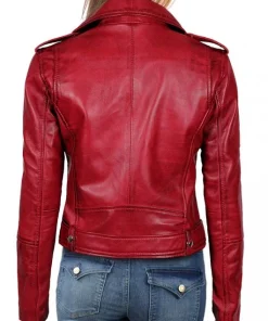model wearing Distressed Red Women Motorcycle Leather Jacket