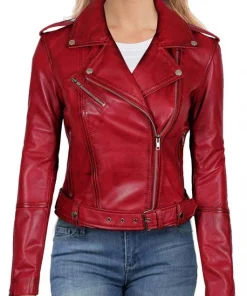 model wearing Distressed Red Women Motorcycle Leather Jacket