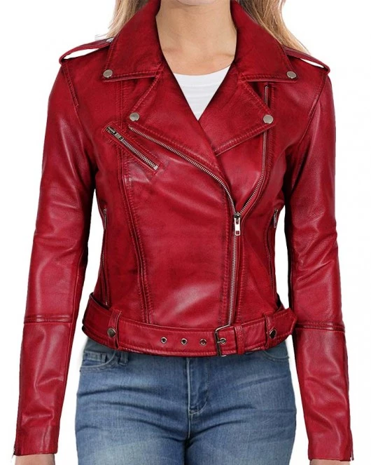 Distressed Red Women Motorcycle Leather Jacket model wearing Distressed Red Women Motorcycle Leather Jacket