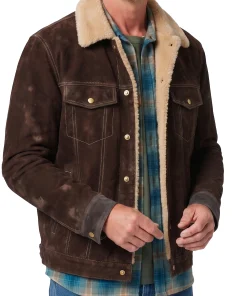Mens Brown Leather Jacket with Shearling Trim Collar