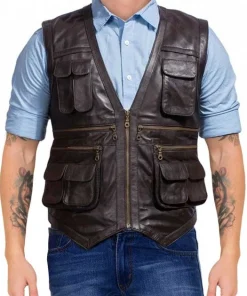 Mens Brown Leather Utility Vest, Genuine