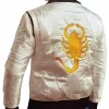 model wearing Ryan Gosling Drive Scorpion Jacket