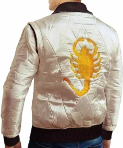 model wearing Ryan Gosling Drive Scorpion Jacket