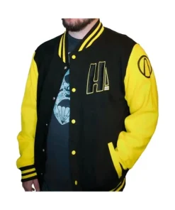model wearing BORDERLANDS HYPERION VARSITY JACKET