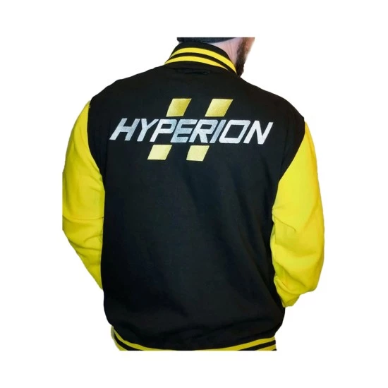 BORDERLANDS HYPERION VARSITY JACKET model wearing BORDERLANDS HYPERION VARSITY JACKET