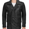 Model wearing doctor who trench coat jacket