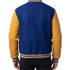 Wool blend varsity jacket with leather sleeves, ribbed trims and a snap front. Made by the factory and sold direct