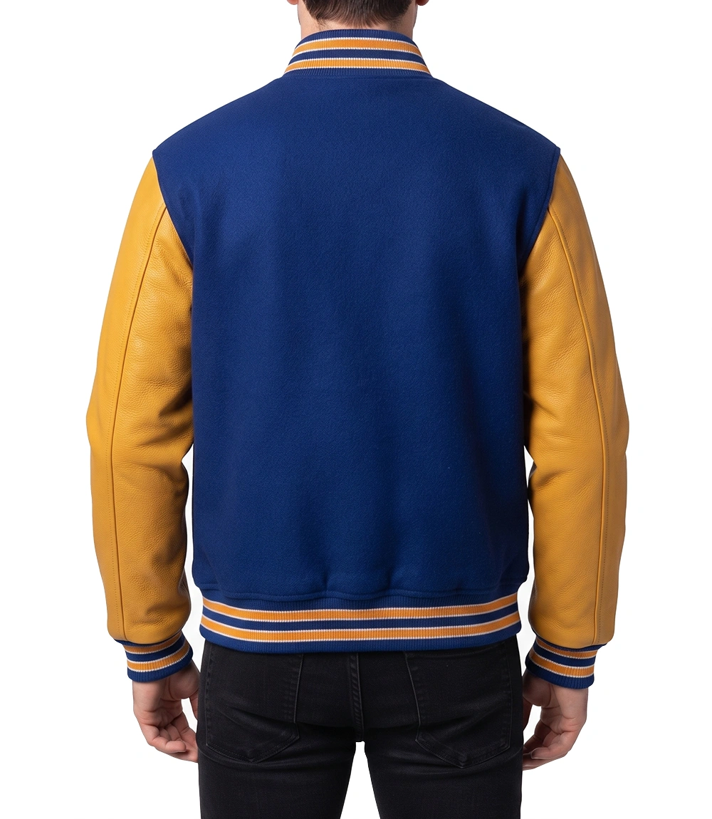 mens-blue-yellow-letterman-jacket Wool blend varsity jacket with leather sleeves, ribbed trims and a snap front. Made by the factory and sold direct