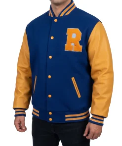 Wool blend varsity jacket with leather sleeves, ribbed trims and a snap front. Made by the factory and sold direct