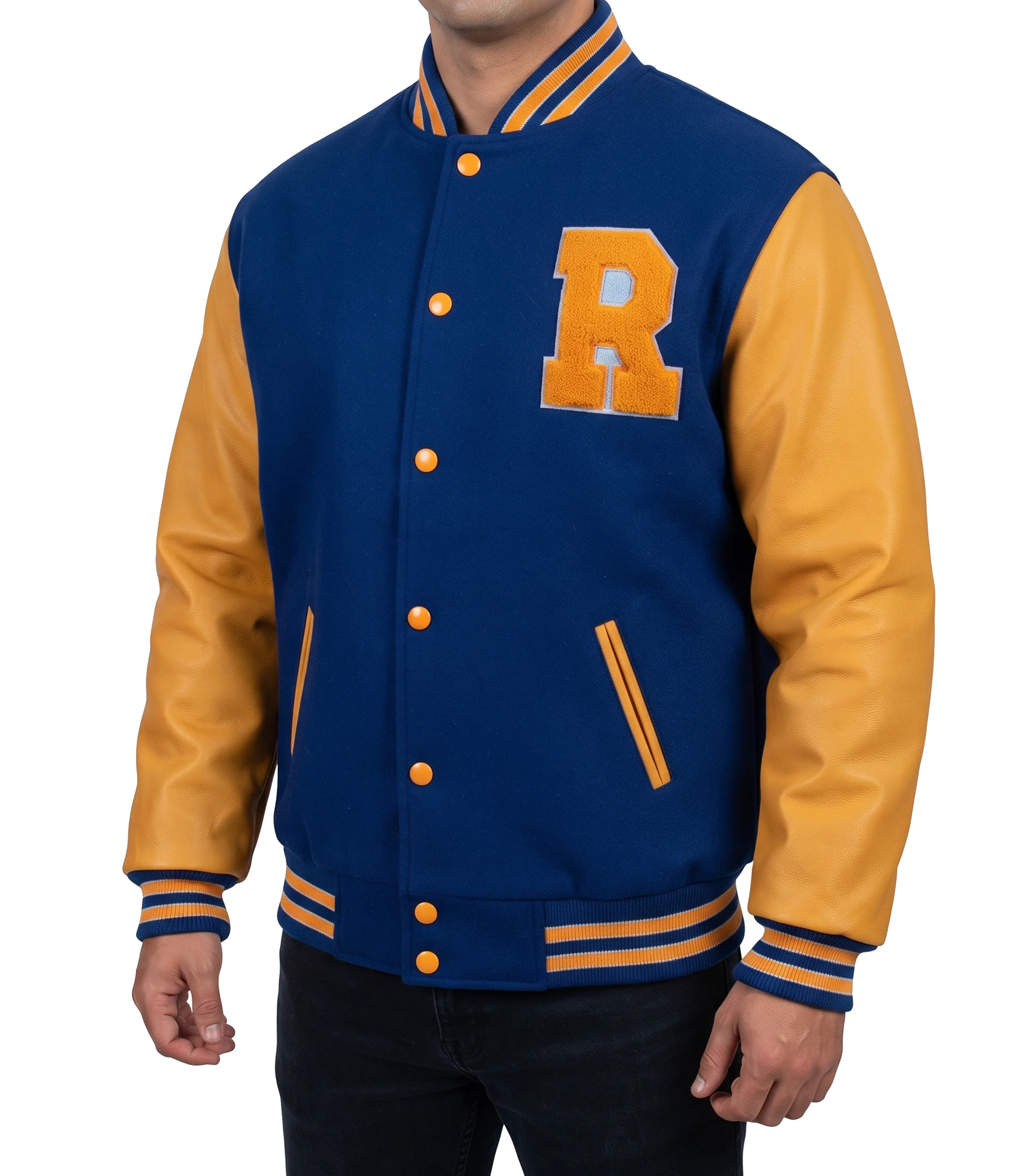 mens-blue-yellow-varsity-jacket Wool blend varsity jacket with leather sleeves, ribbed trims and a snap front. Made by the factory and sold direct