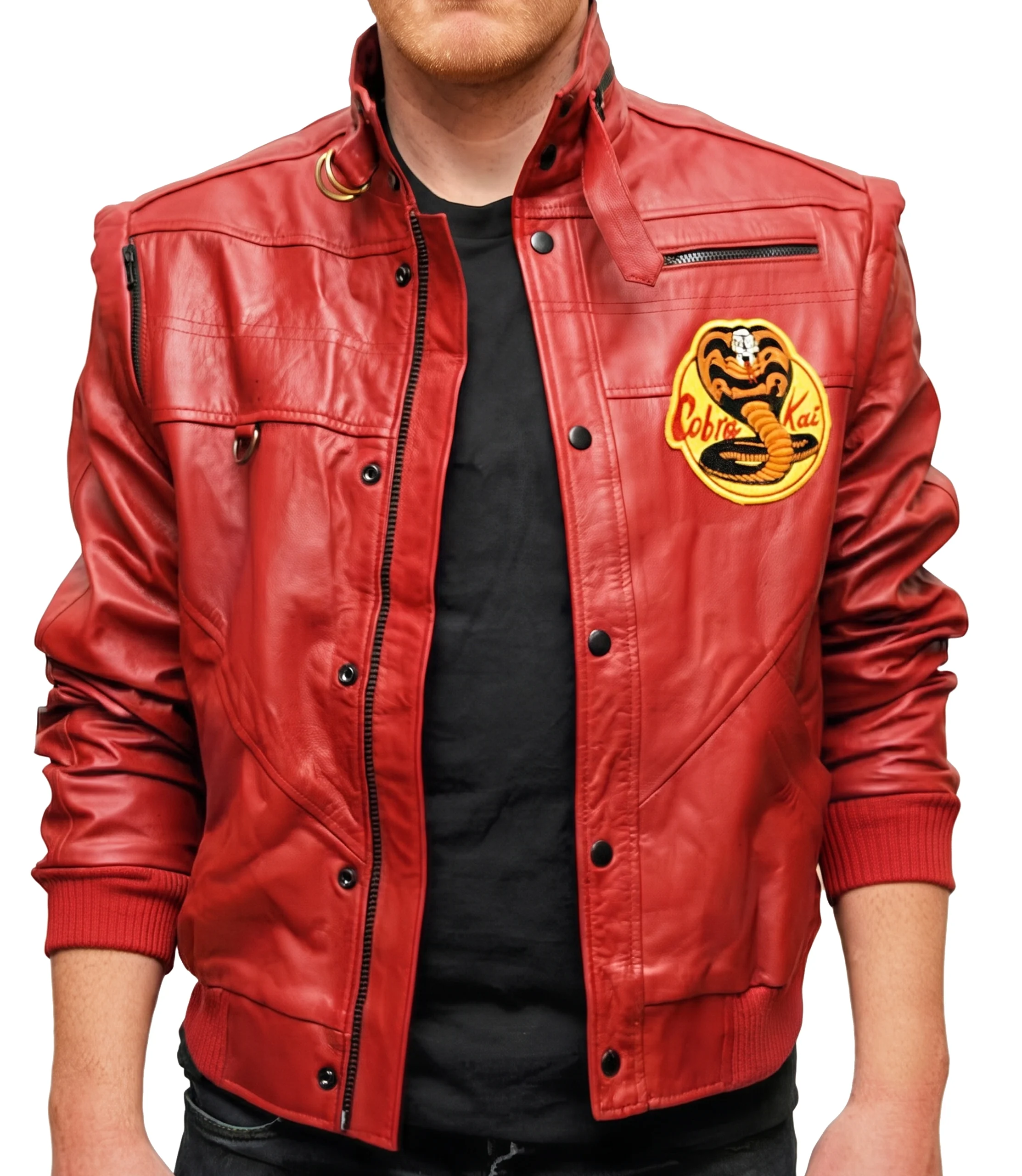 mens-red-black-leather-bomber Two tone red and black leather bomber with ribbed trims and a front zip. Genuine hide, fully lined. Made by the factory.