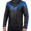 Black leather biker with blue panel detail and a zip. Genuine hide, fully lined. Made by the factory, sold direct.