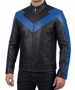 Black leather biker with blue panel detail and a zip. Genuine hide, fully lined. Made by the factory, sold direct.