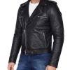 Long line black leather biker with an asymmetric zip and notch lapel. Genuine hide, made by the factory and sold direct. Free 30 day returns.