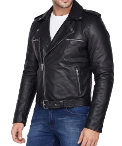 Long line black leather biker with an asymmetric zip and notch lapel. Genuine hide, made by the factory and sold direct. Free 30 day returns.