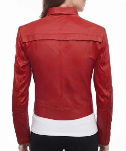 Womens Red Cropped Leather Biker Jacket