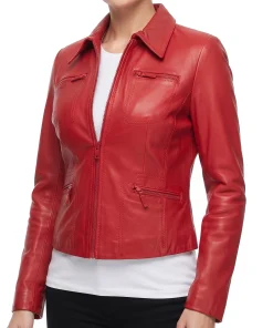Womens Red Cropped Leather Biker Jacket