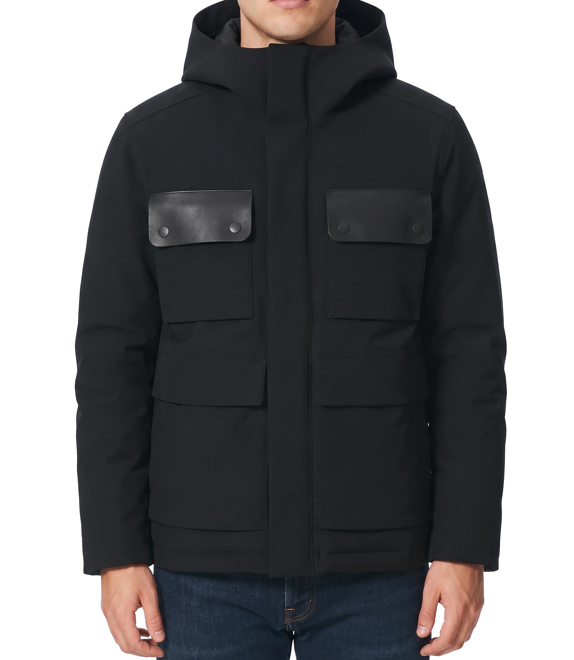 mens-black-down-parka-leather-trim mens black parka