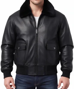 Mens Black Leather Bomber Jacket with Fur Collar