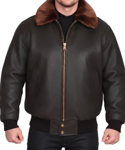 Mens Brown Leather Flight Jacket with Fur Collar