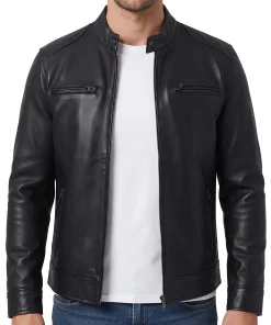 Mens Leather Cafe Racer Jacket Black
