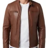 Mens Leather Cafe Racer Jacket Tan