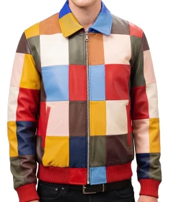Mens Patchwork Leather Bomber Jacket, Multicolor