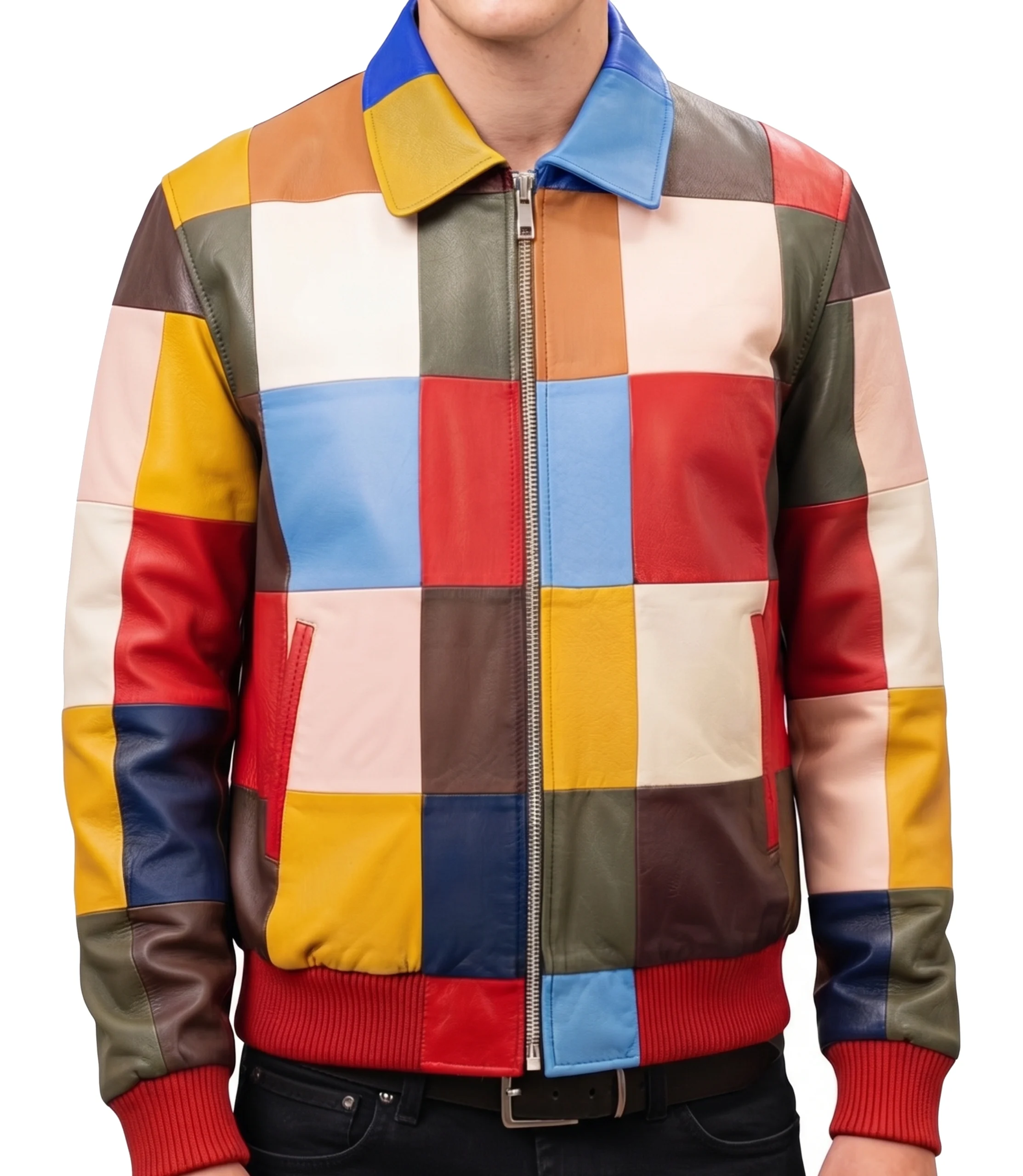 mens-patchwork-leather-jacket Mens Patchwork Leather Bomber Jacket, Multicolor
