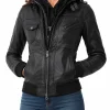 womens black leather jacket with hood
