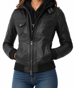 womens black leather jacket with hood