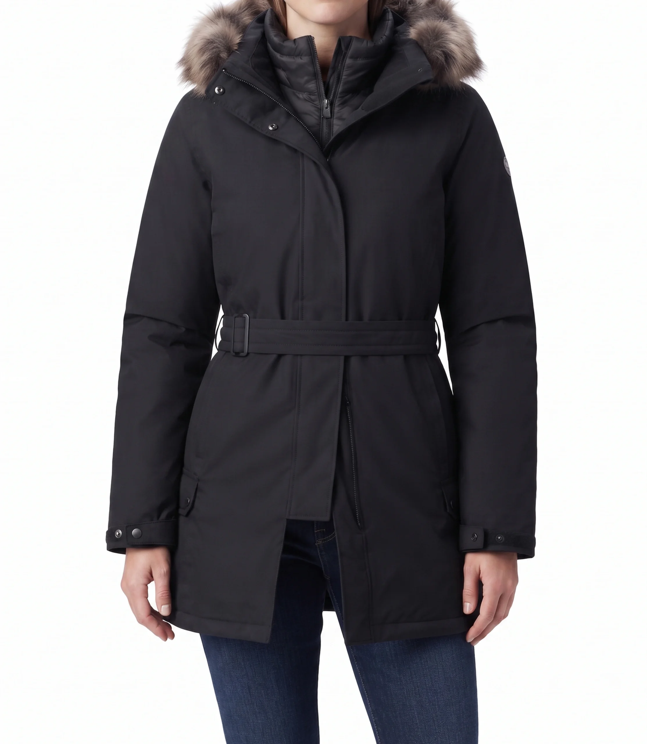 womens-waterproof-parka-fur-hood-belt parka coat with fur hood