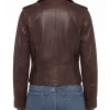 Brown lambskin moto jacket for women shown open with notch lapel folded back