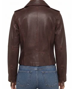Brown lambskin moto jacket for women shown open with notch lapel folded back