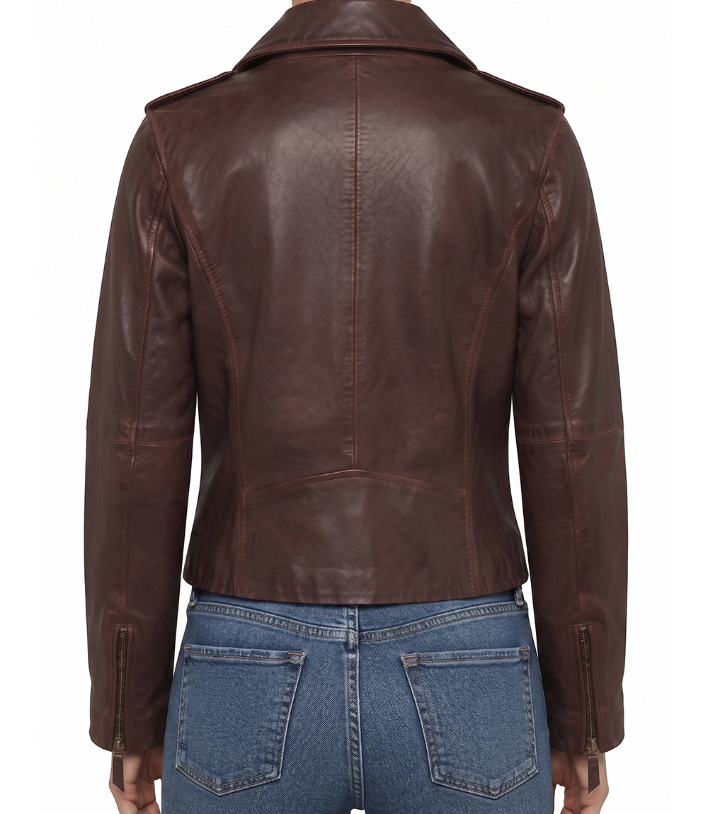 Womens Black Leather Jacket Brown lambskin moto jacket for women shown open with notch lapel folded back