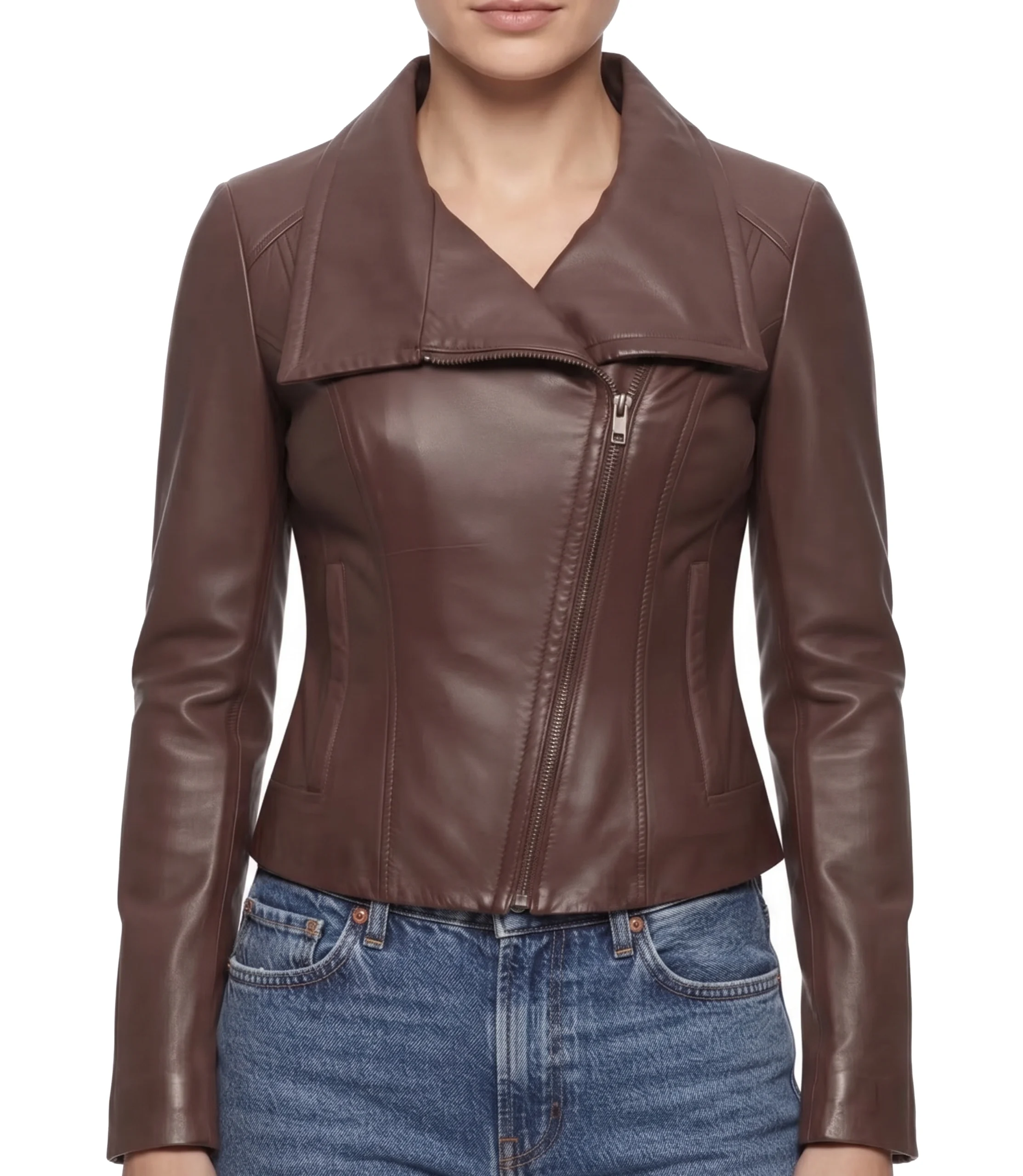 Womens Brown Drape Collar Leather Jacket drape collar leather jacket women