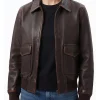 Womens brown leather A2 bomber jacket in goatskin, front view