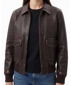 Womens brown leather A2 bomber jacket in goatskin, front view
