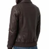 Brown leather bomber jacket for women showing rib knit waistband and cuffs