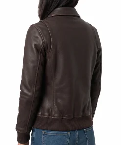 Brown leather bomber jacket for women showing rib knit waistband and cuffs