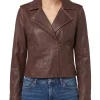 Womens brown leather moto jacket with asymmetric zip, front view