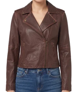 Womens brown leather moto jacket with asymmetric zip, front view