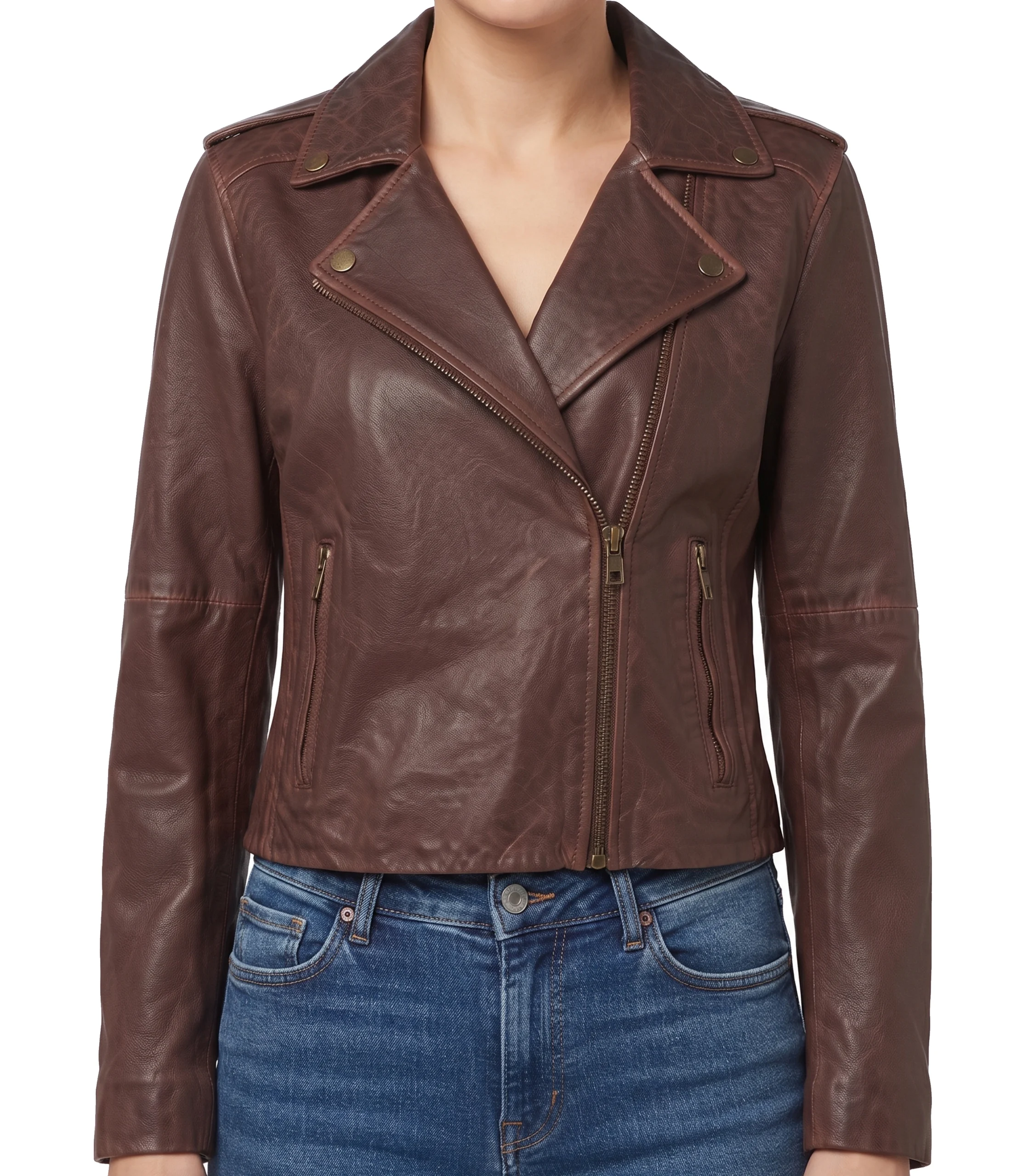 Womens Brown Leather Moto Jacket Womens brown leather moto jacket with asymmetric zip, front view