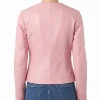 Pink leather jacket for women shown open with clean round neckline