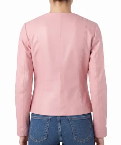 Pink leather jacket for women shown open with clean round neckline