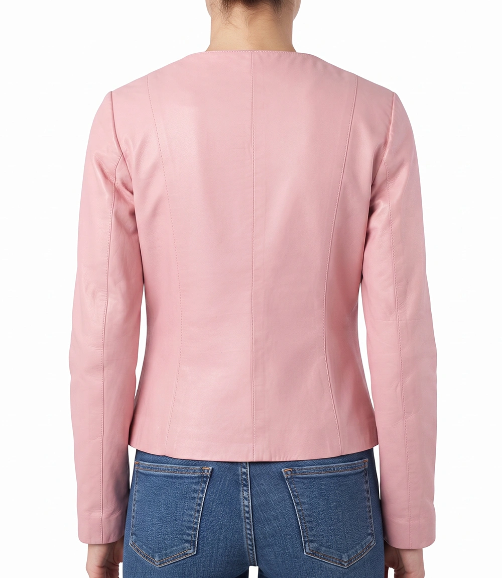 Womens Pink Collarless Jacket Pink leather jacket for women shown open with clean round neckline