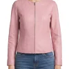 Womens pink collarless leather jacket, front view