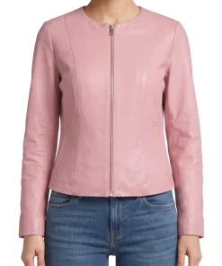 Womens pink collarless leather jacket, front view
