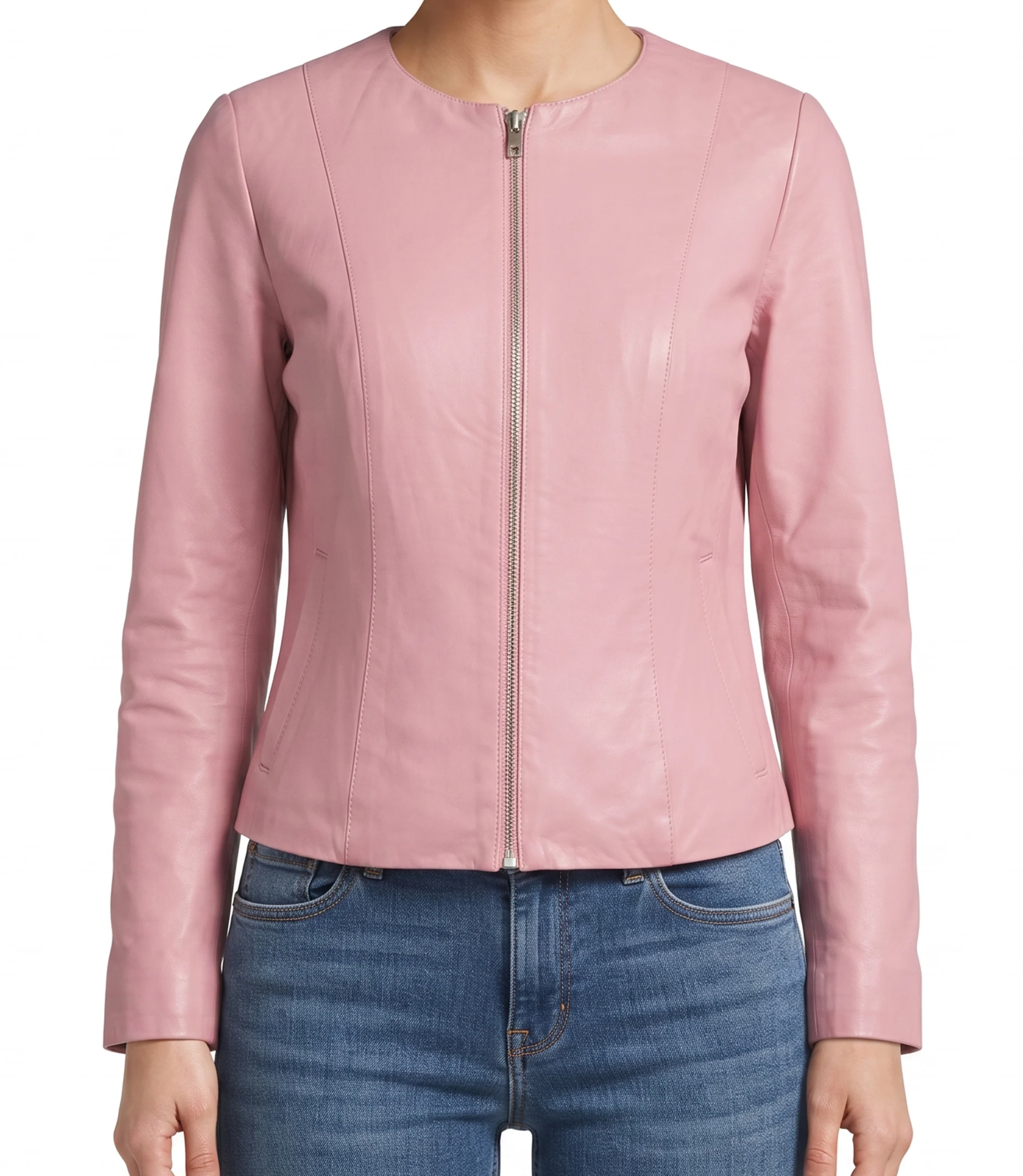 Womens Pink Collarless Leather Jacket Womens pink collarless leather jacket, front view