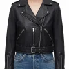 Womens black belted leather biker jacket, front view